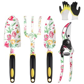 Flantor Garden Tools Set, Aluminum Alloy Garden Hand Tool 5 Piece Gardening Tools with Hand Rake, Hand Weeder, Transplant Trowel, Pruning Shears and Gardening Gloves for Outdoor Gardening Work
