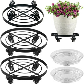 2 Packs Large Metal Plant Caddy 12.6” Plant Dolly with Wheels Heavy-Duty Wrought Iron Rolling Plant Stand with Casters for Indoor and Outdoor Plant Pot Rollers Black, 12" Clear Plant Saucers Included