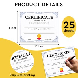 25 Certificate of Completion, Certificate of Achievement, Award Recognition, School Diplomas, Training Certificate, for Graduation, Students, Employees, 8x10 Inches - M380