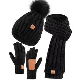 Womens Beanie Hat Scarf Gloves Set, Soft Fleece Lined Winter Hat with Pom Pom, Long Knit Scarf Neck Warmer Touchscreen Gloves for Cold Weather, 3 in 1 Warm Set (Black)