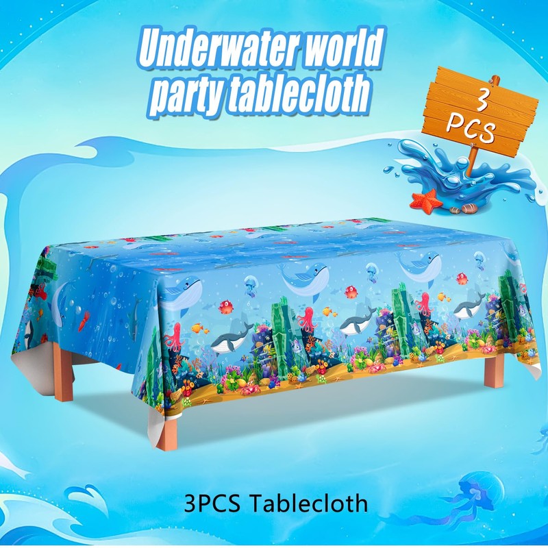 Undersea World Theme Tablecloth, 3 Pcs Sea Animal Table Cloth