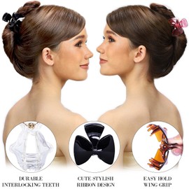 RC ROCHE Pack of 6 Plastic Bow Hair Clips Hair Clips Hair Bows Plastic for Women Girls with Teeth Styling, Medium Black and White