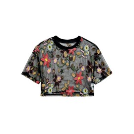 GORGLITTER Women's Floral Sheer Mesh Tees Crop Top See Through Short Sleeve Crew Neck Embroidered T Shirts Black Floral Large