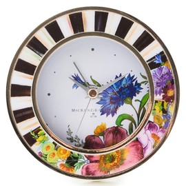 MACKENZIE-CHILDS Silver-Plated Round Desk Clock, Decorative Clock for Living Room, Kitchen, or Office, Courtly Stripe with Flower Market