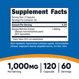 Nutricost Bacopa Monnieri 1,000mg, 120 Capsules (60 Servings) - Non-GMO, Gluten Free, and Vegetarian Friendly