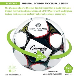 Champion Sports MATCH5 Thermal Bonded No Stitch Soccer Ball, Size 5, White