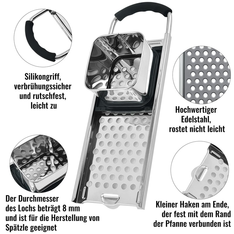 Spätzle Slicer, Stainless Steel Spaetzle Grater, Spaetzle Press with Rubber
