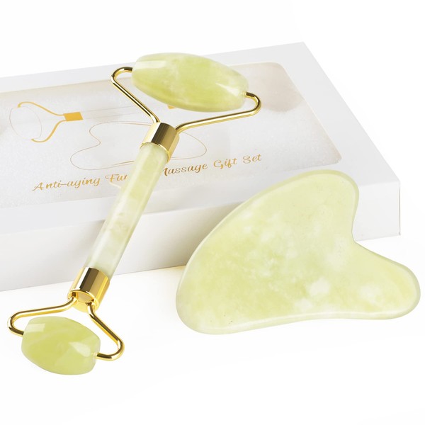GeeRic Jade Roller & Gua Sha Scraping Massage Tool, 100% Natural Quartz Anti-Ageing Face Jade Stone Set - Rejuvenate Skin and Remove Wrinkles White