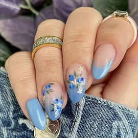 Short Almond Press on Nails Blue Fake Nails French Tip Flower Design Gradient False Nails Glossy Full Cover Acrylic Glue on Nails Short Almond Nails Press ons for Girls 24Pcs