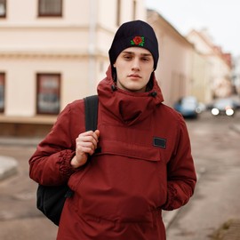 Beanie Hats for Men Unisex Rose Embroidered Women Acrylic Winter Cuffed Knit Warm Ski Hats Beige Black