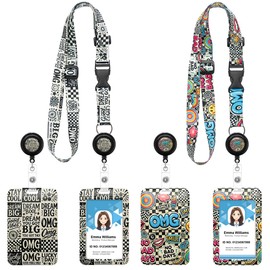 WoEluone 2 Pack Retro Lanyards Badge Holder, Adjustable Lanyard with Retractable Badge Reel, Cool ID Badge Holder for Teens, Teachers, Nurses, Students, Office Staff & Cruise Essentials