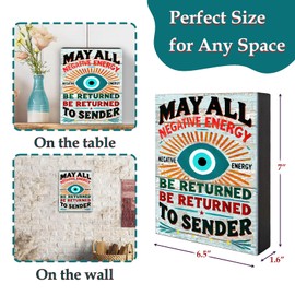 Evil Eye Decor Wooden Box Block Sign May All Negative Energy Be Returned to Sender Spiritual Tabletop Sign for Home Office Meditation Spaces Rustic 6x7.5 Wall Shelf Art Christmas Women Gifts