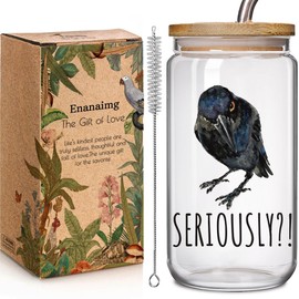 Funny Gothic Aesthetics Crow 16oz Glass Cup with Lid and Straw Gifts for Friends Dark Lovers Women Men - Seriously Crow Pattern, Spooky Halloween Crow Coffee Cup Perfect for Crow and Birds Lovers