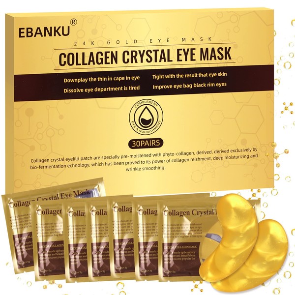 EBANKU 30 Pairs Under Eye Patches Gold Under Eye Mask Beautiful Gel Collagen Eye Pads for Reducing Dark Circles, Puffiness, Wrinkles