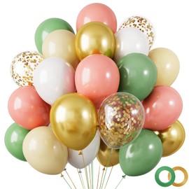 RUBFAC 80Pcs 12 Inches Retro Green Pink Balloons, Sage Green Pink White Gold Confetti Balloons Olive Green Dusty Pink Metallic Gold Latex Balloons Set for Birthday Baby Shower Wedding Party Decoration