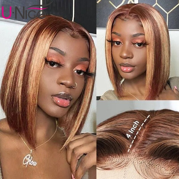 Malaysian Ombre Highlight Blonde Bob Straight Lace Front Human Hair Wigs 14" US