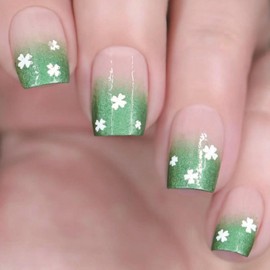 IMSOHOT St. Patrick's Day Press on Nails Square Short Fake Nails Green Shamrock Glitter Powder French False Nails Tip with Lucky Clover Design Full Cover Glossy Glue on Acrylic Nails of Women 24PCS