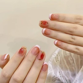 RikView French Tips Nails Pink Press on Nails Medium Acrylic Nails White Square Nails Glossy Full Cover Nails for Women 15 Sizes - 30 PCs/Set