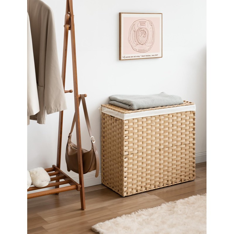 StorageWorks 130L Wicker Laundry Hamper with Lid, 2 Section Wicker