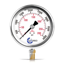 CARBO Instruments 4" Pressure Gauge, Stainless Steel Case, Chrome Plated Brass Connection, Liquid Filled, 0-4000 psi/kPa, Lower Mount 1/4" NPT