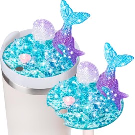 Haooryx Blue Mermaid Cup Topper Decoration Summer Mermaid Seashell Crystals Lid Plate Topper Sport Cup 40oz Accessory Cover Cap for Tumbler Water Bottle Glitter Bling Decor Women Girls Birthday Gift
