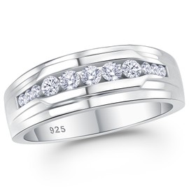 Heinlov Moissanite Mens Wedding Band 925 Sterling Silver Men's Engagement Rings Round Promise Bridal Eternity Ring Size 7-13, stone, Moissanite