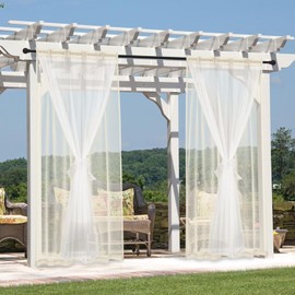 KYMRose Outdoor Sheer Curtains for Patio - 2 Layer Waterproof Voile Sheer and Breathable Mesh Net Privacy Added Light Filtering Curtain for Porch Yard Pergola, 2 Panels Ivory 52W x 108L Inch