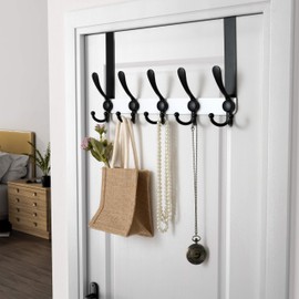 Dseap Over Door Hook 2.0 - Upgraded Version - Simple-Assembly, Strong, Heavy-Duty Stainless Steel 5-Tri-Hook Over The Door Hanger Rack, SimpleStrong Series, White & Black