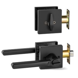 Berlin Modisch Entry Lever Door Handle and Single Cylinder Deadbolt Lock and Key Slim Square Locking Lever Handle Set [Front Door or Office] Right & Left Sided Doors Heavy Duty – Iron Black Finish