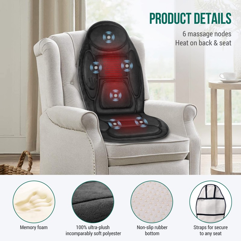 Snailax Back Massager with Heat, Memory Foam Chair Massage Pad,