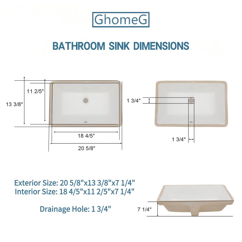 GhomeG 21 Inch Undermount Bathroom Sink Rectangular - 21"x13" White