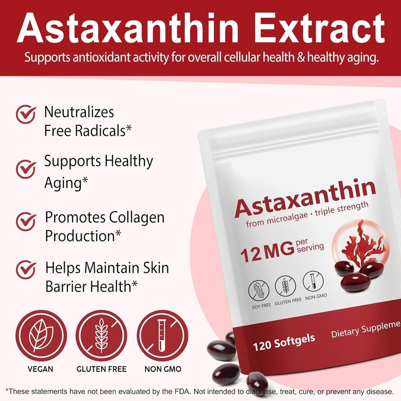 Astaxanthin 12mg Softgels from Microalgae – 120 Capsules – Antioxidant