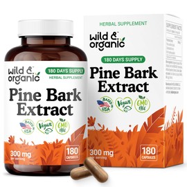 Wild & Organic Pine Bark Extract Capsules 300 mg - Antioxidant Supplement - 95% Proanthocyanidins - 180 Capsules - French Maritime Pine Bark Extract - 6-Month Supply - Pinus Maritima - Vegan, Non-GMO