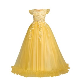 Baby Flower Girls Dress Bridesmaid Wedding Pageant Party Princess Communion Floral Boho Vintage Lace Dance Maxi Gown for Kids Yellow 5-6 Years