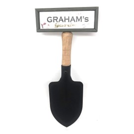 "Welcome to Graham's garden" hanging shovel sign