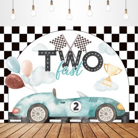 Glawry Two Fast 2nd Birthday Backdrop for Photography 7Wx5H Feet Boys Kids Racing Car Watercolor Teal Green Balloons Black White Flag Grid Party Decorations Photoshoot Background Photo Booth Studio