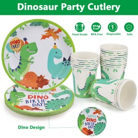 hicoosee Dino Birthday Decoration, 20 Guest Dinosaur Party Tableware Set, 100 Pieces Disposable Tableware Set with Plates, Dessert Plates, Cups, Napkins, Straws, Birthday Party Set for Children's