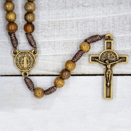 Rosary with Saint Benedict Center | Wooden Beads with Distressed Gold-Tone Medal and Crucifix | Great Catholic Gift for First Communion and Confirmation