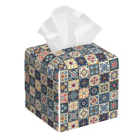 Vintage Colorful Geometric Tissue Box Holder,Cube Tissue Box Cover Holder,Leather Facial Paper Organizer Dispenser Home for Bedroom Night Stands,Kitchen,Office and Car,5.2"×5.2"×5.2"
