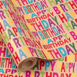 RUSPEPA Kraft Wrapping Paper Roll - Mini Roll - Colorful Text Happy Birthday Design Great for Birthday, Party, Baby Shower - 17 Inches X 32.8 Feet