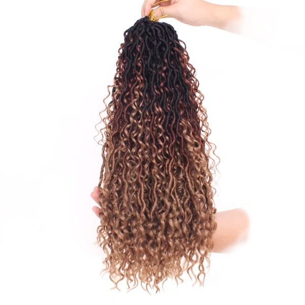 Xtrend 18Inch 8 Packs 3 Tones River Faux Locs Crochet Hair With Curly Hair In Middle And Ends 14Strands/pack Pre-Looped Crochet Braids Messy Bohemian Fuax Locs Hair Extensions 1B3027#