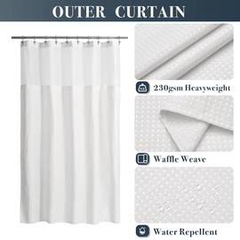 N&Y HOME Stall Waffle Shower Curtain with Snap-in Fabric Liner & Hooks Set - 54" x 78" Shower Stall Size, Hotel Style & Mesh Top Window, Machine Washable - 54x78, White