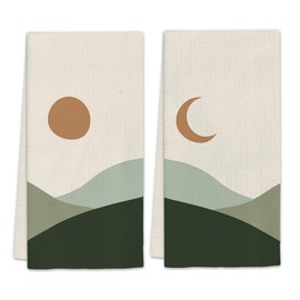 FIicy Boho Green Kitchen Towels Set of 2, Boho Dish Towels, Green Bohemian Boho Decorative Hand Towels for Bathroom Kitchen, Mid Century Green Boho Sun Moon Bathroom Kitchen Decor(16x24 Inch)