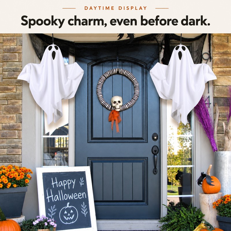 2-Pack Light-Up Hanging Ghost Decorations for Halloween – Warm LED