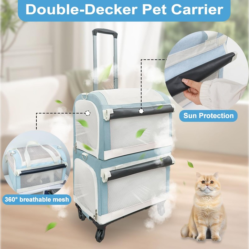 Double Cat Carrier for 2 Cats with Wheels, 3-in-1 Pet