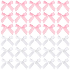 Mxxipp 50pcs Mini Ribbon Bows for Gift Wrapping, Small Satin Ribbon Bow, Tiny Craft Bowknot Sewing Accessories for Flowers Cookie Wrapping Christmas Wedding Birthday Party Decoration- Pink & White