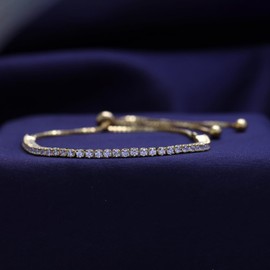 14k Yellow Gold Over Sterling Silver Round Sparkling Cubic Zirconia Adjustable Bolo Tennis Bracelet | Minimalist, Delicate Jewelry Gift For Her