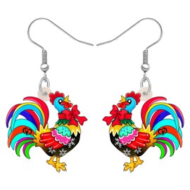 HUAGEO Christmas Acrylic Cute Floral Rooster Dangle Earrings Cartoon Chicken Fowl Farm Animals Fun Jewelry For Women Charms Festival Gifts (Colorful)