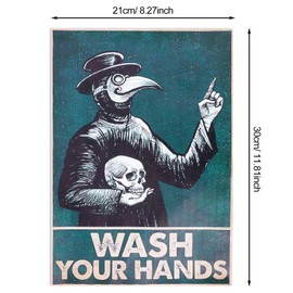 PEUTIER Wash Your Hand Plague Doctor Sign, 11.81x8.27 Inch Plague Doctor Wall Decor Vintage Tin Sign Gothic Decor Bathroom Funny Wash Your Hands Poster for Restroom Bathroom Bedroom