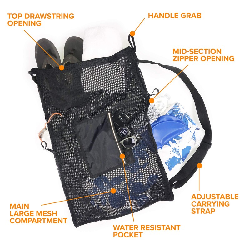 Fitdom Large Mesh Swim Drawstring Sling Bag. Best for Swimming,